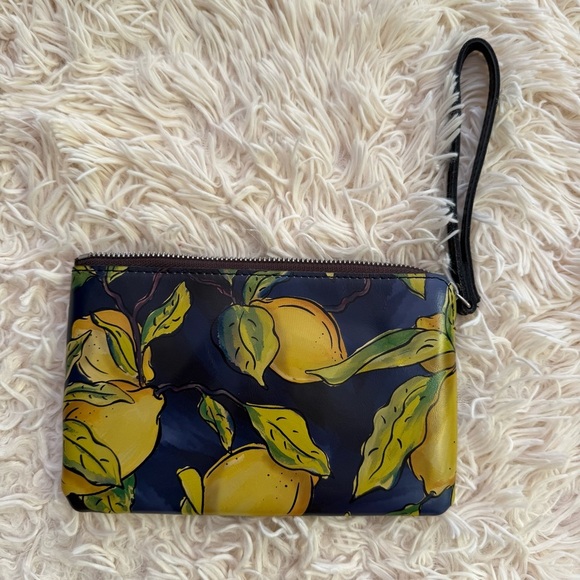 Patricia Nash lemon print leather wristlet with zip 5”x8” clutch blue yellow - Picture 8 of 9